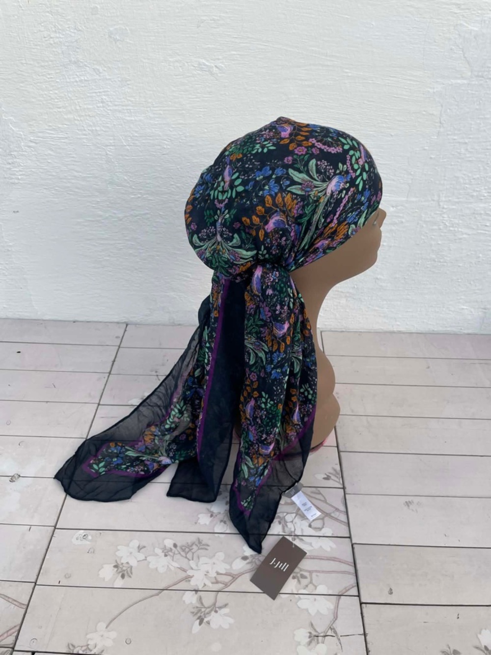 J. Jill Sheer Floral Headscarf in Black with Purple and Green